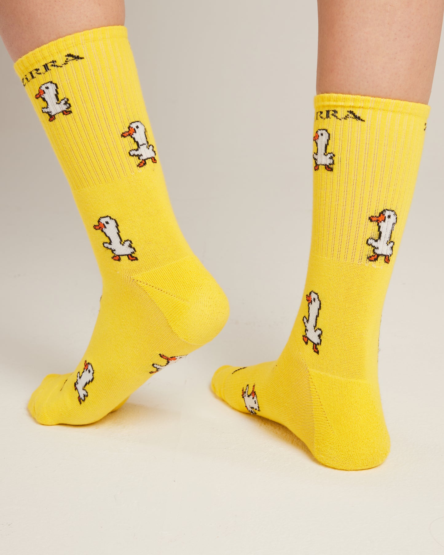 white duck yellow socks