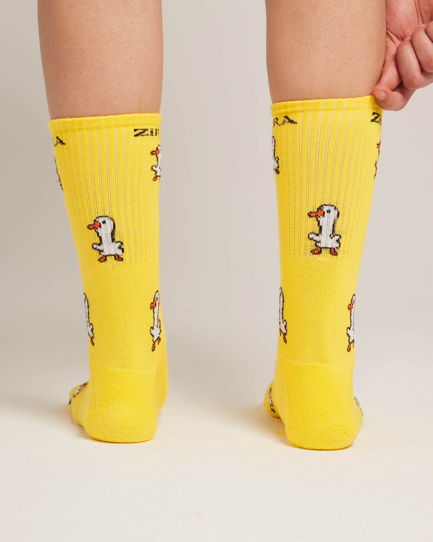 white duck yellow socks